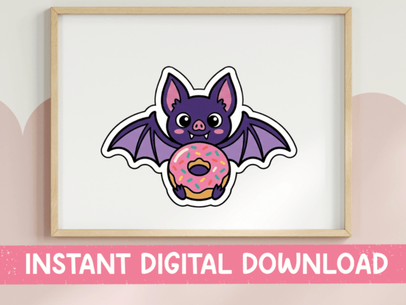 Bat with Donut Cute Halloween Sticker: Graphics & T-Shirt Designs