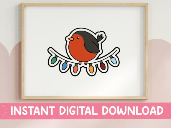 Christmas Robin on Lights String Sticker: Graphics & T-Shirt Designs