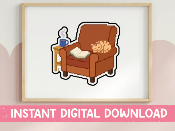 Cozy Cat Reading Chair Pixel Sticker Graphics