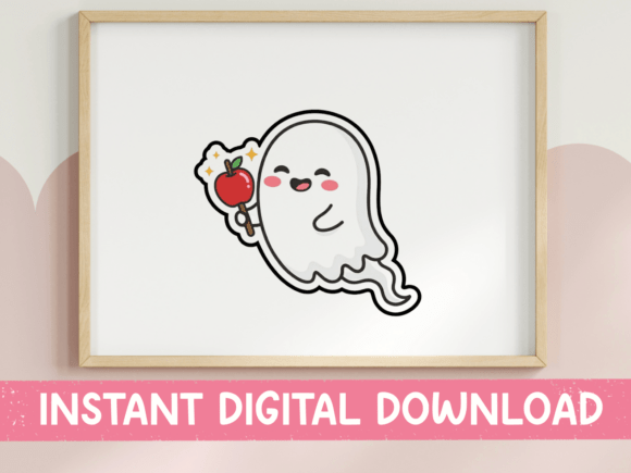 Cute Ghost with Apple Kawaii Sticker Graphics