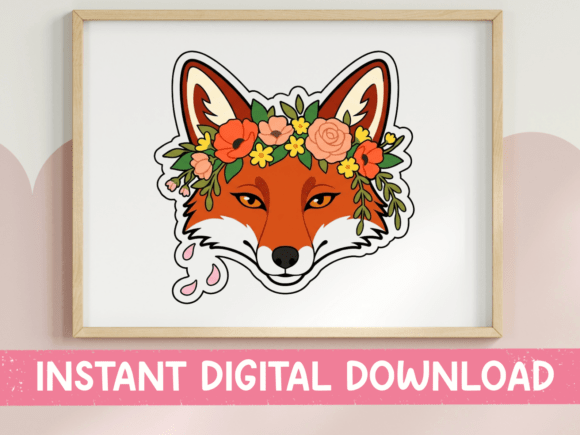 Floral Fox Face Sticker: Graphics & T-Shirt Designs
