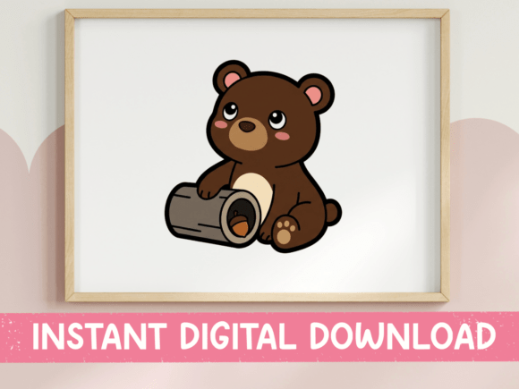Kawaii Baby Bear with Log Sticker Graphics