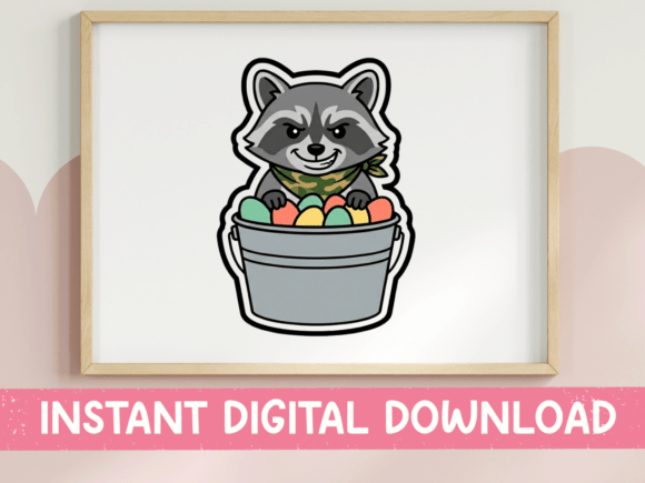 Raccoon with Easter Egg Bucket Sticker: Graphics & T-Shirt Designs