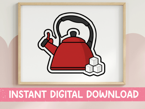 Red Kettle with Sugar Cubes Sticker: Graphics & T-Shirt Designs