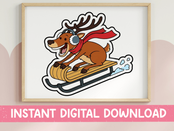Sledding Reindeer Winter Sticker: Graphics for T-Shirt Designs