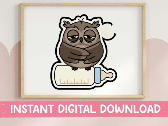 Tired Owl on Baby Bottle Sticker: Graphics & T-Shirt Designs