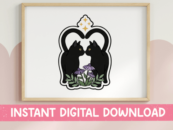 Twin Black Cats Floral Gothic Sticker: Graphics for T-Shirt Designs & Branding